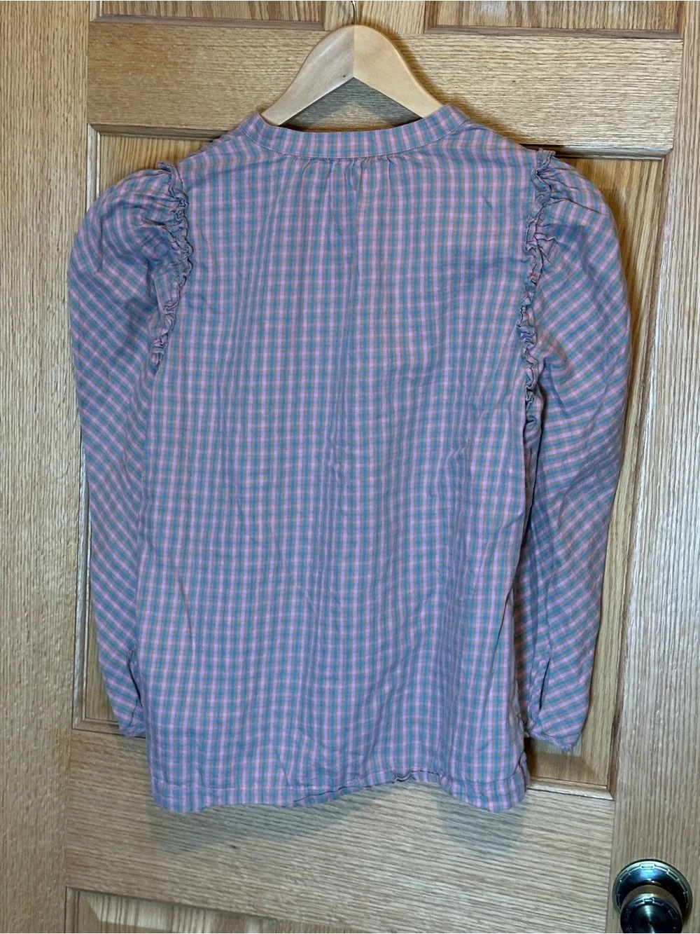 J.crew Puff-sleeve top in field check flannel pink & green size medium